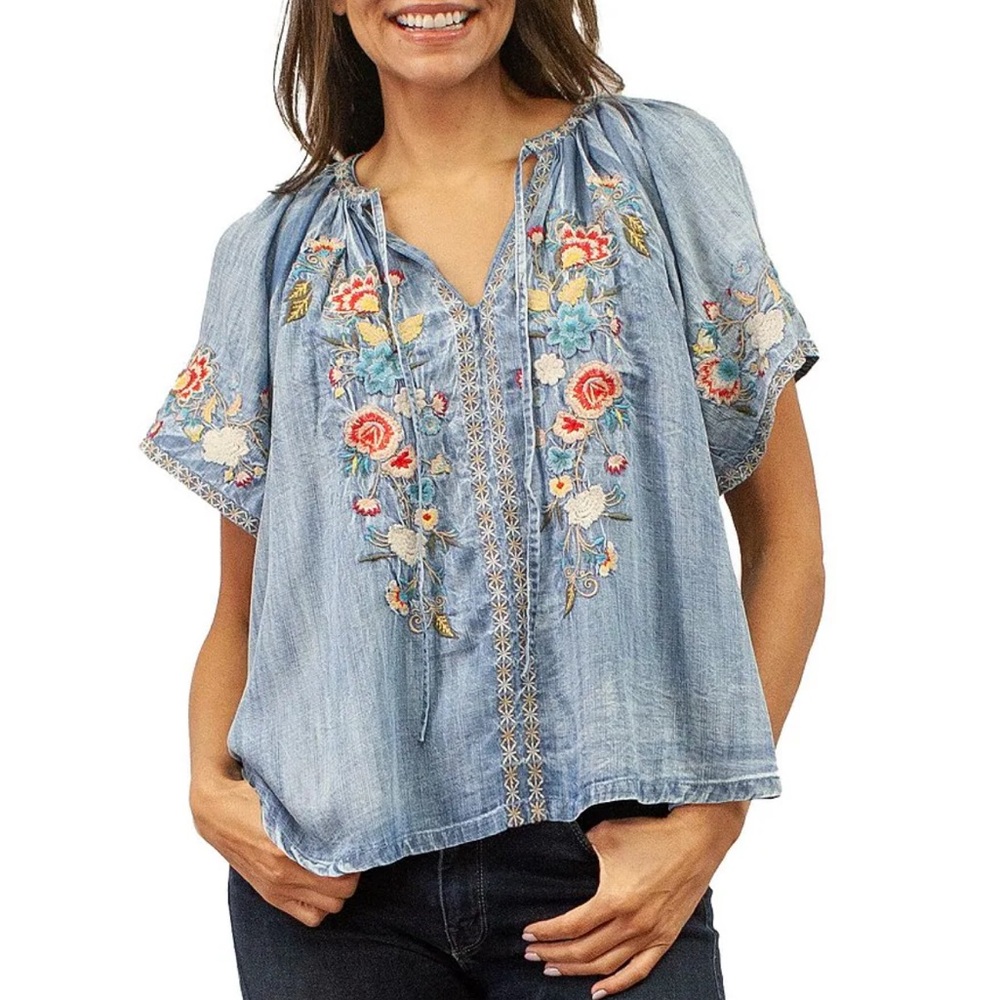 Karyn Seo Betty Tencel Embroidered Floral Motif Notch V-Neck Blouse
